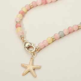 Textured Metal Starfish Charm Pendant Beaded Necklace