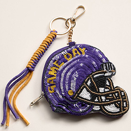LSU GAME DAY Football Helmet Sequin Seed Beaded Knot Keychain Mini Pouch Bag
