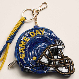 NOTRE DAME GAME DAY Football Helmet Sequin Seed Beaded Knot Keychain Mini Pouch Bag
