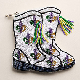Mardi Gras Fleur de Lis Pattern Tassel Boow Seed Beaded Mini Pouch Bag