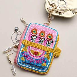Fishbone Pearl Charm Keychain Sardine Can Seed Beaded Mini Pouch Bag