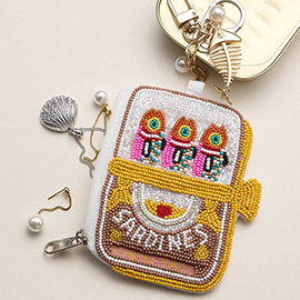 Fishbone Pearl Charm Keychain Sardine Can Seed Beaded Mini Pouch Bag