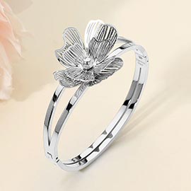 Stainless Steel Cutout Petal Flower Accent Hinged Bangle Bracelet