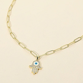 Stainless Steel CZ Stone Paved Evil Eye Hamsa Hand Pendant Paperclip Chain Necklace