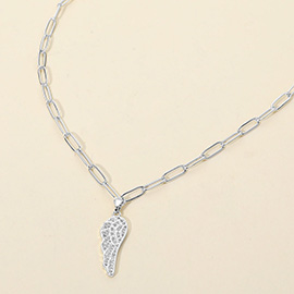 Stainless Steel CZ Stone Paved Angel Wing Pendant Paperclip Chain Necklace