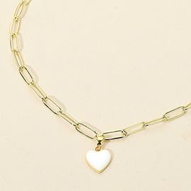 Stainless Steel Enamel Heart Pendant Paperclip Chain Necklace