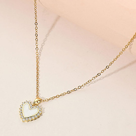 Stainless Steel CZ Trim Mother of Pearl Heart Pendant Necklace