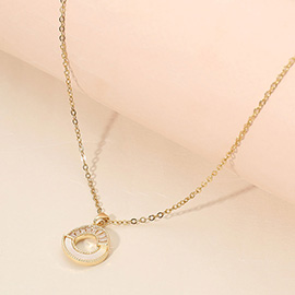 Stainless Steel CZ Pave Mother of Pearl Detail Open Circle Pendant Necklace