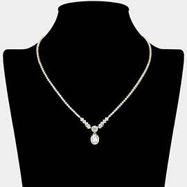 Oval CZ Stone Charm Drop Rhinestone Necklace