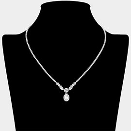 Oval CZ Stone Charm Drop Rhinestone Necklace