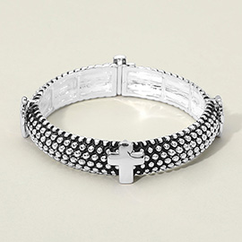 Cross Accent Beaded Metal Stretch Bracelet