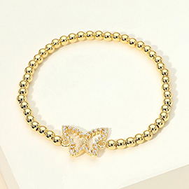 Stainless Steel CZ Stone Paved Butterfly Charm Beaded Stretch Bracelet