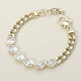 14K Gold Plated Oval CZ Stone Station Chain Bracelet