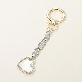 14K Gold Plated CZ Stone Rim Mother of Pearl Heart Charm Drop Keychain Bag Charm