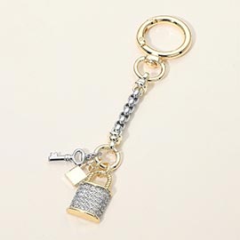 14K Gold Plated CZ Stone Paved Lock Key Charm Drop Keychain Bag Charm