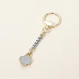 14K Gold Plated CZ Stone Paved Quatrefoil Charm Drop Keychain Bag Charm