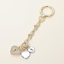 14K Gold Plated CZ Pave Triple Heart Lock Charm Drop Keychain Bag Charm