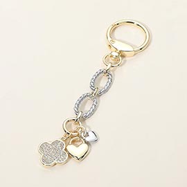 14K Gold Plated CZ Stone Paved Quatrefoil Double Heart Charm Drop Keychain Bag Charm