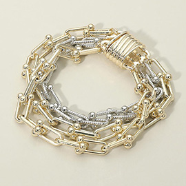 14K Gold Plated Two Tone Layered Industrial Chain Link Magnetic Bracelet