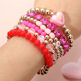 6PCS - Heart Charm Accent Chunky Beaded Stretch Multi Layered Bracelets