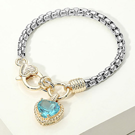 Two Tone CZ Stone Heart Charm Bracelet