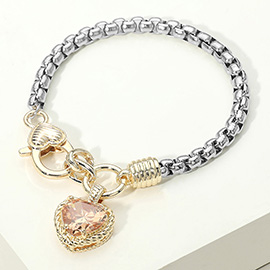 Two Tone CZ Stone Heart Charm Bracelet