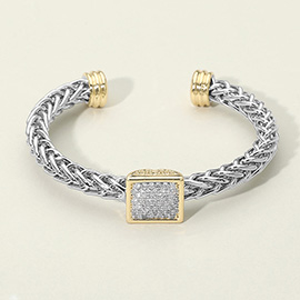 14K Gold Plated CZ Stone Pave Square Accent Braided Cuff Bracelet