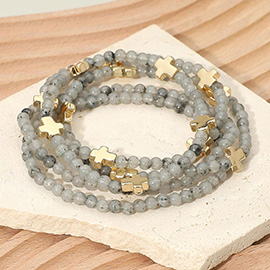 5PCS - Metal Cross Faceted Beaded Stretch Multi Layered Bracelets