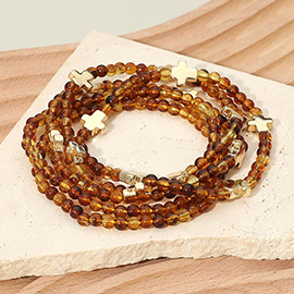 5PCS - Metal Cross Faceted Beaded Stretch Multi Layered Bracelets