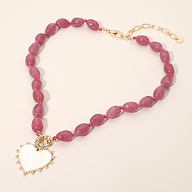 Mother of Pearl Heart Pendant Marbled Resin Oval Beaded Necklace