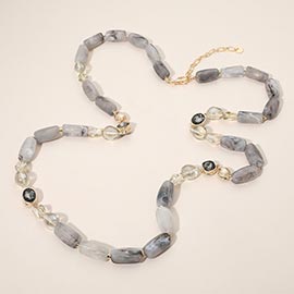 Chunky Oval Faceted Stone Marbled Pebble Beaded Long Necklace
