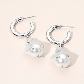 Rhinestone Embellished Organic Pearl Drop Hoop Earrings