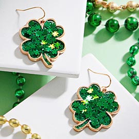 St Patricks Day Glitter Shamrock Clover Dangle Earrings