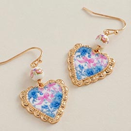 Enamel Floral Heart Frame Charm Drop Dangle Earrings
