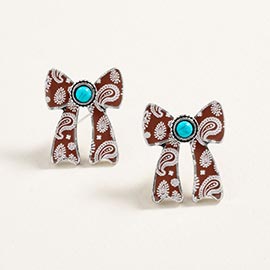 Oval Turquoise Stone Center Animal Pattern Print Western Bow Earrings