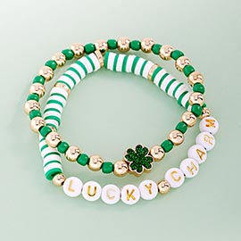 2PCS - St Patricks Day LUCK CHARM Message Shamrock Heishi Beaded Stretch Multi Layered Bracelets