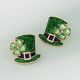 St Patricks Day Shamrock Top Hat Stud Earrings