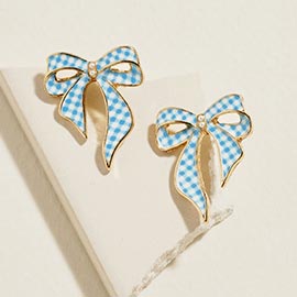 Gingham Pattern Bow Stud Earrings
