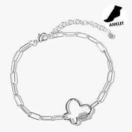 White Gold Dipped CZ Stone Paved Open Butterfly Carabiner Paperclip Link Chain Anklet