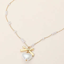 Bow Pearl Heart Pendant Pearl Bead Station Necklace