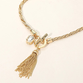 Rectangular Stone Cluster Metal Tassel Charm Toggle Necklace