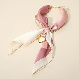 Hammered Metal Heart Pendant Chain Fabric Scarf Layered Necklace