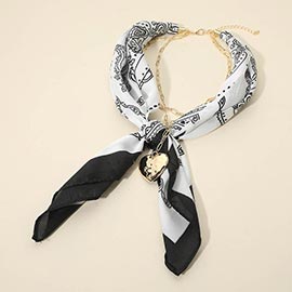 Hammered Metal Heart Pendant Chain Fabric Scarf Layered Necklace