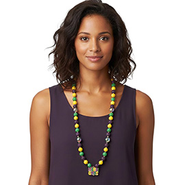 Mardi Gras Charm Wooden Beaded Long Necklace