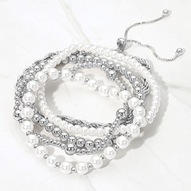 5PCS - Pearl Metal Beaded Twisted Chain Adjustable Stretch Multi Layered Bracelets