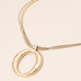 Hammered Metal Open Oval Pendant Layered Chain Necklace