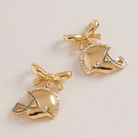 Rhinestone Paved Football Helmet Bow Drop Dangle Earrings