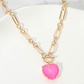 Chunky Heart Stone Cluster Toggle Pendant Necklace