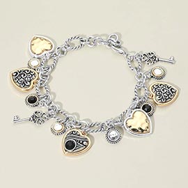 Two Tone Antique Metal Heart Clover Key Stone Charm Station Bracelet
