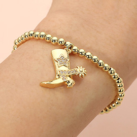 Stainless Steel CZ Stone Paved Star Accent Cowboy Boot Charm Stretch Bracelet